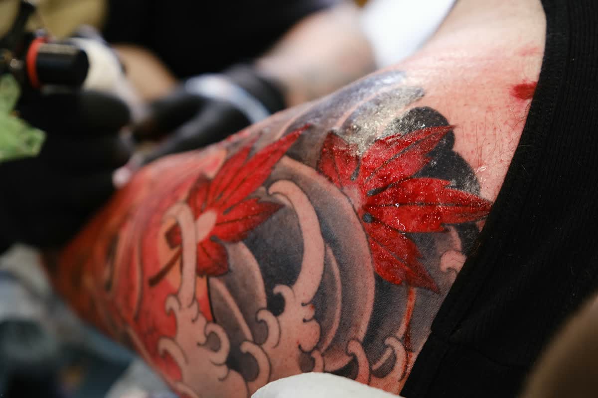 A freshly tattooed red maple leaf and wave sleeve