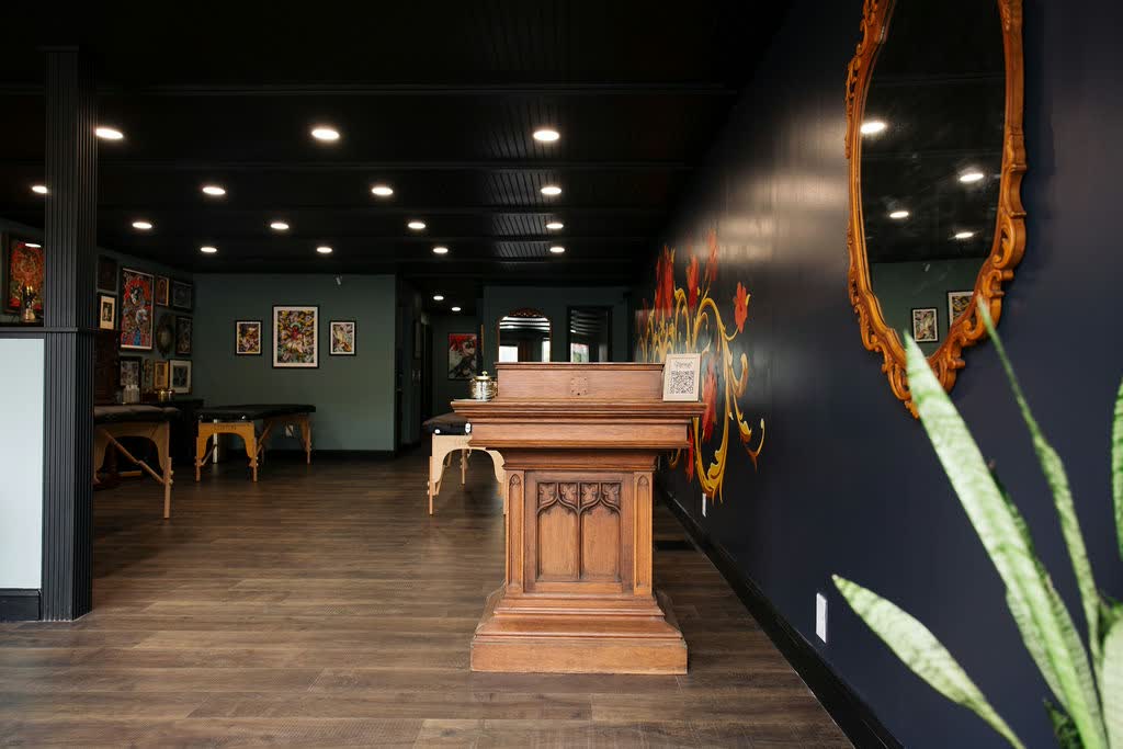 The front room at Pilgrimage Tattoo, looking in from the entrance